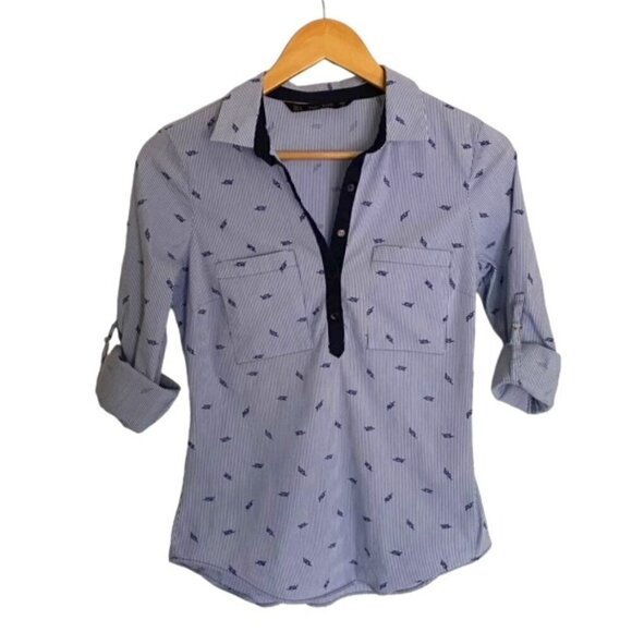 Zara Blue Striped Nautical Print Shirt Small - Picture 1 of 3